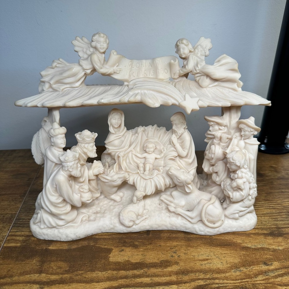 Vintage Made in Italy Nativity Scene Sculpture Gloria In Excelsis Deo Cream 10in